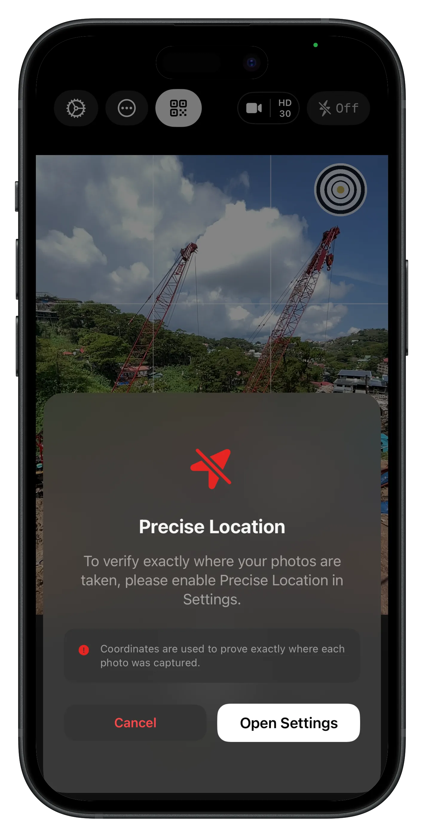 Lens location permission sheet explaining Precise Location is required before capture