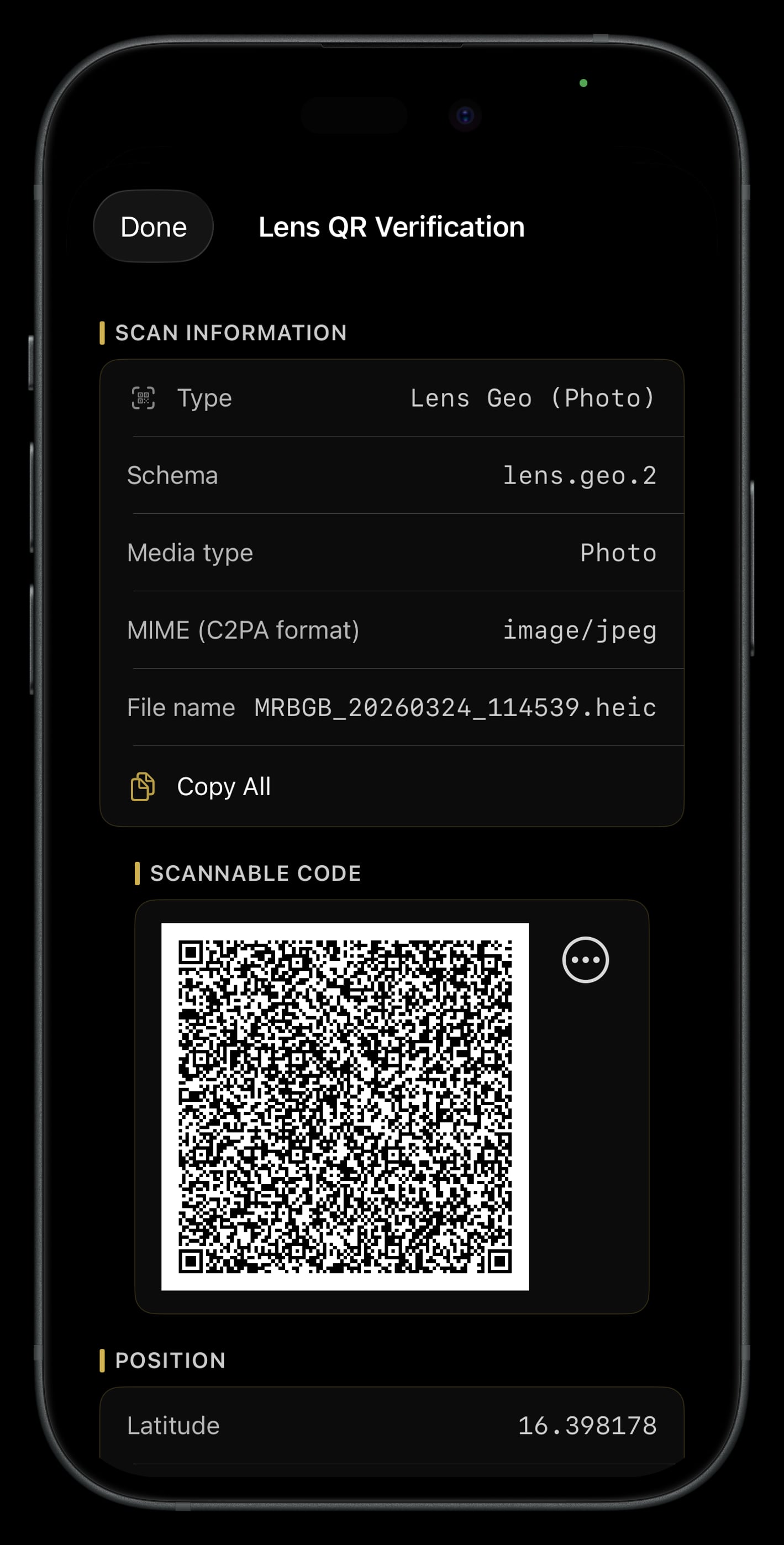 Lens QR Verification screen with metadata list and QR code