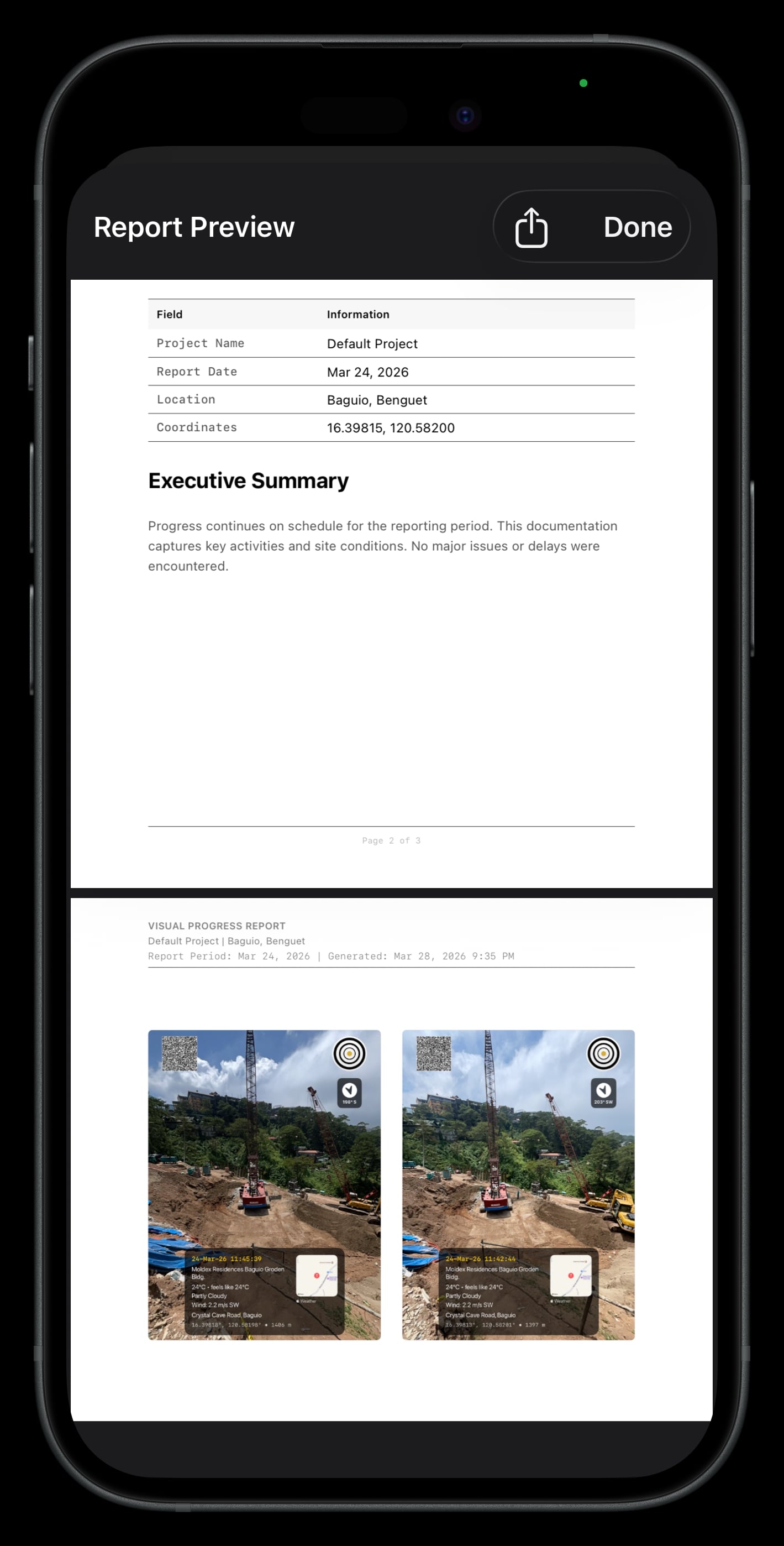 Generated PDF-style field report preview with site photos in Lens