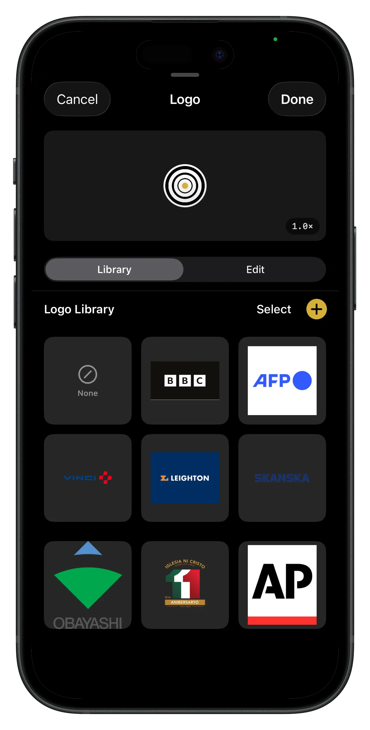 Lens logo library with saved brand marks ready to apply on captures
